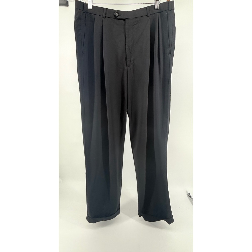 Brooks Brothers 346 Mens Black Stretch Wool Pleated Cuffed Pants 36X33 UTM82